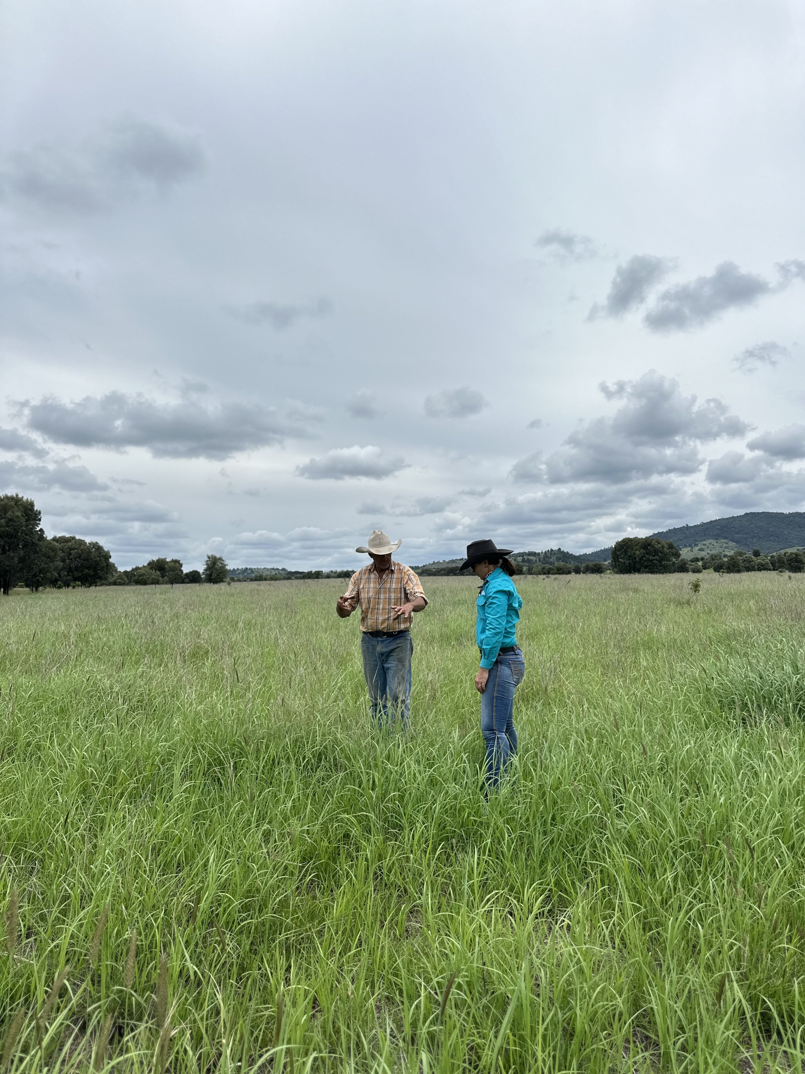 An FBA staff member standing in a lush green pasture with a land manager