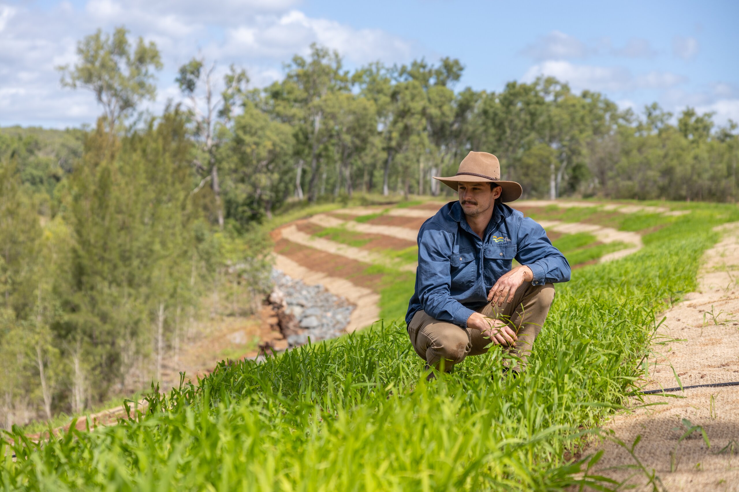A man crouching in a field looking out over the view