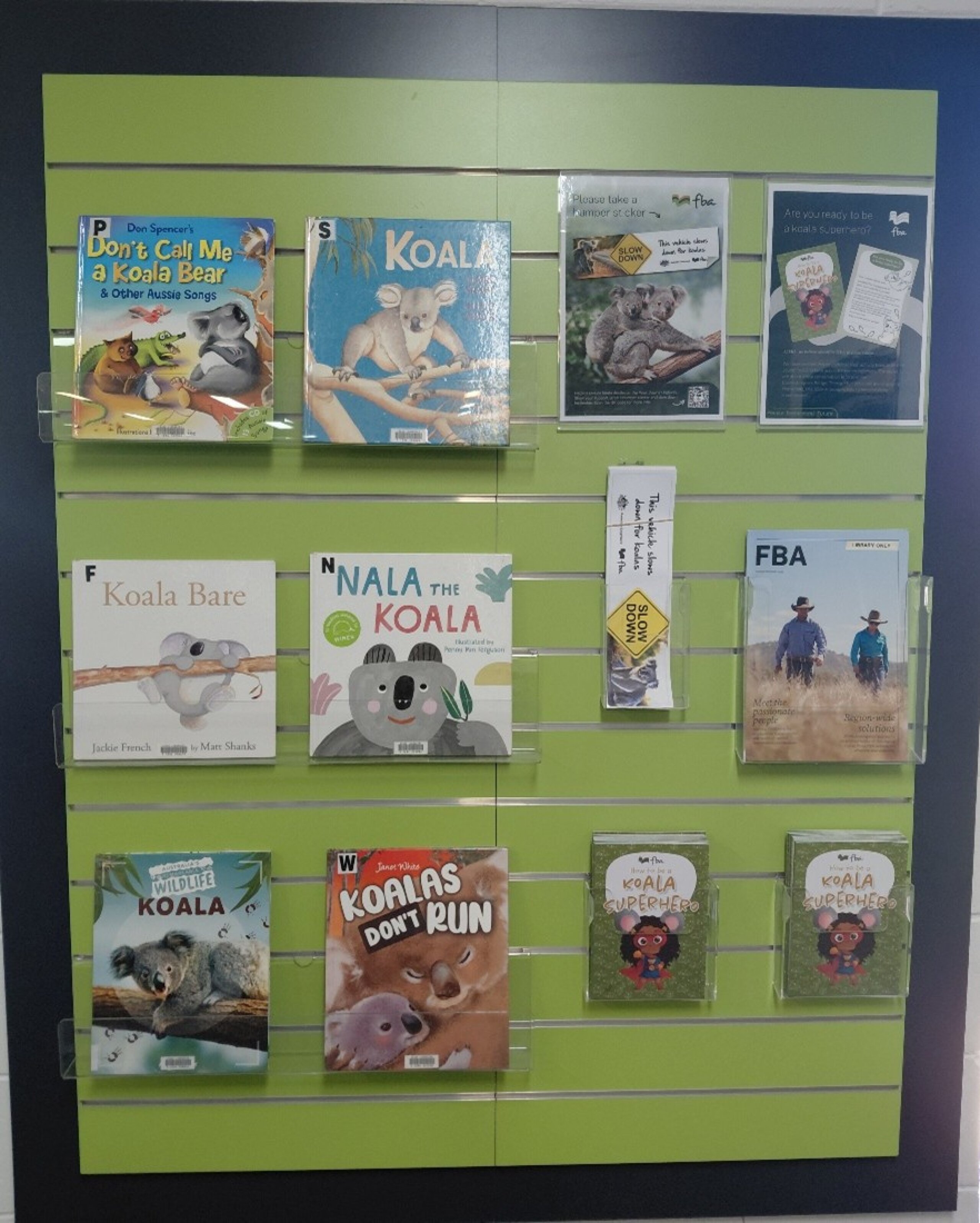 Display of Koala themed children's books and FBA Koala Campaign information