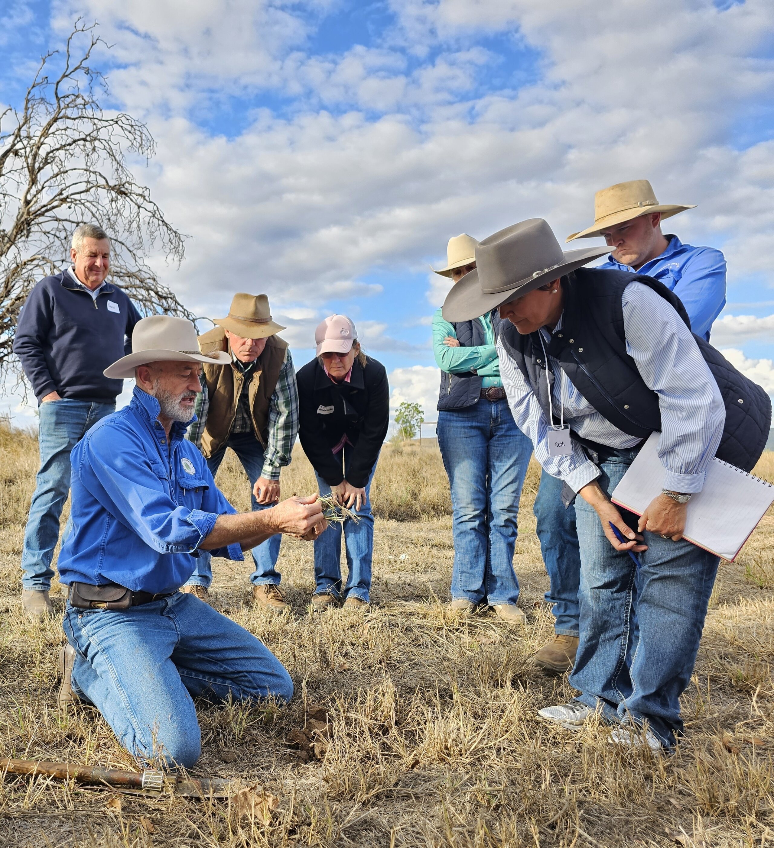 A group of people standing in a field to inspect soil health