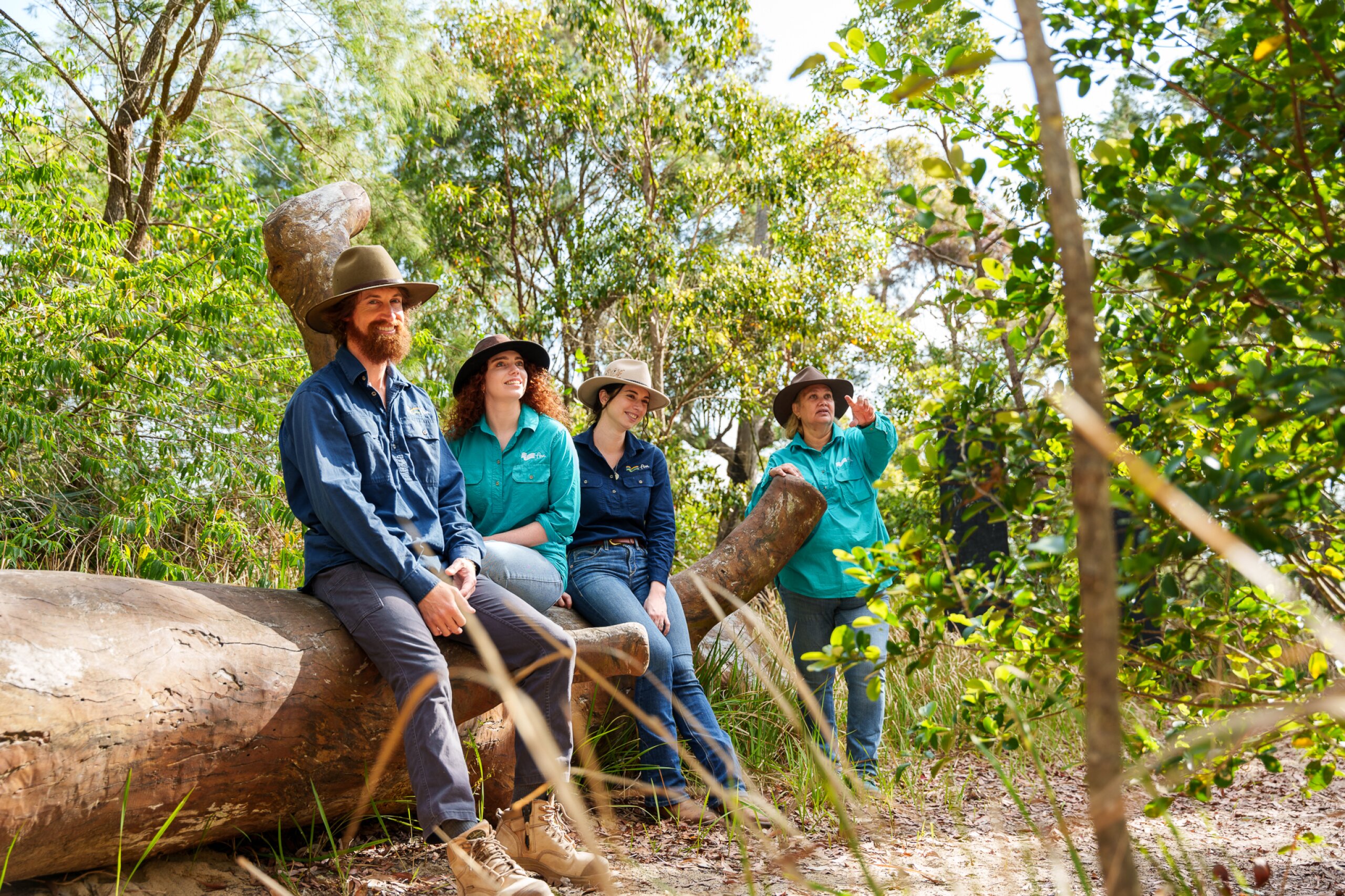 Four FBA staff sit on and lean against a log on Mt Archer.