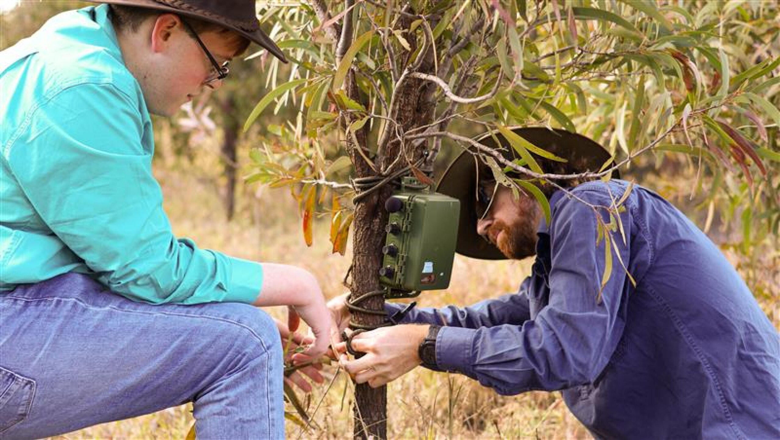 Two FBA staff members installing monitoring equipment