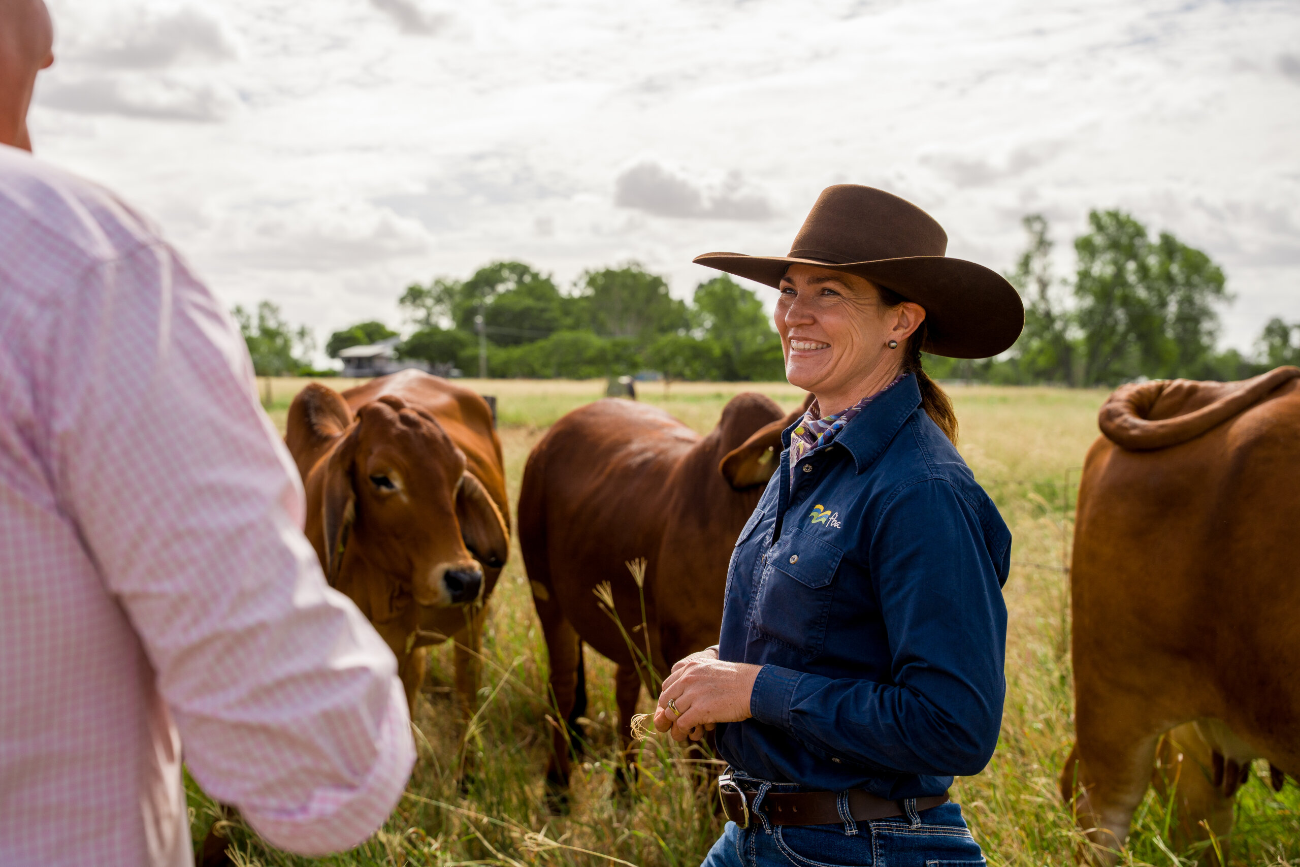 FBA Land Management Officer talking to land manager next to cattle