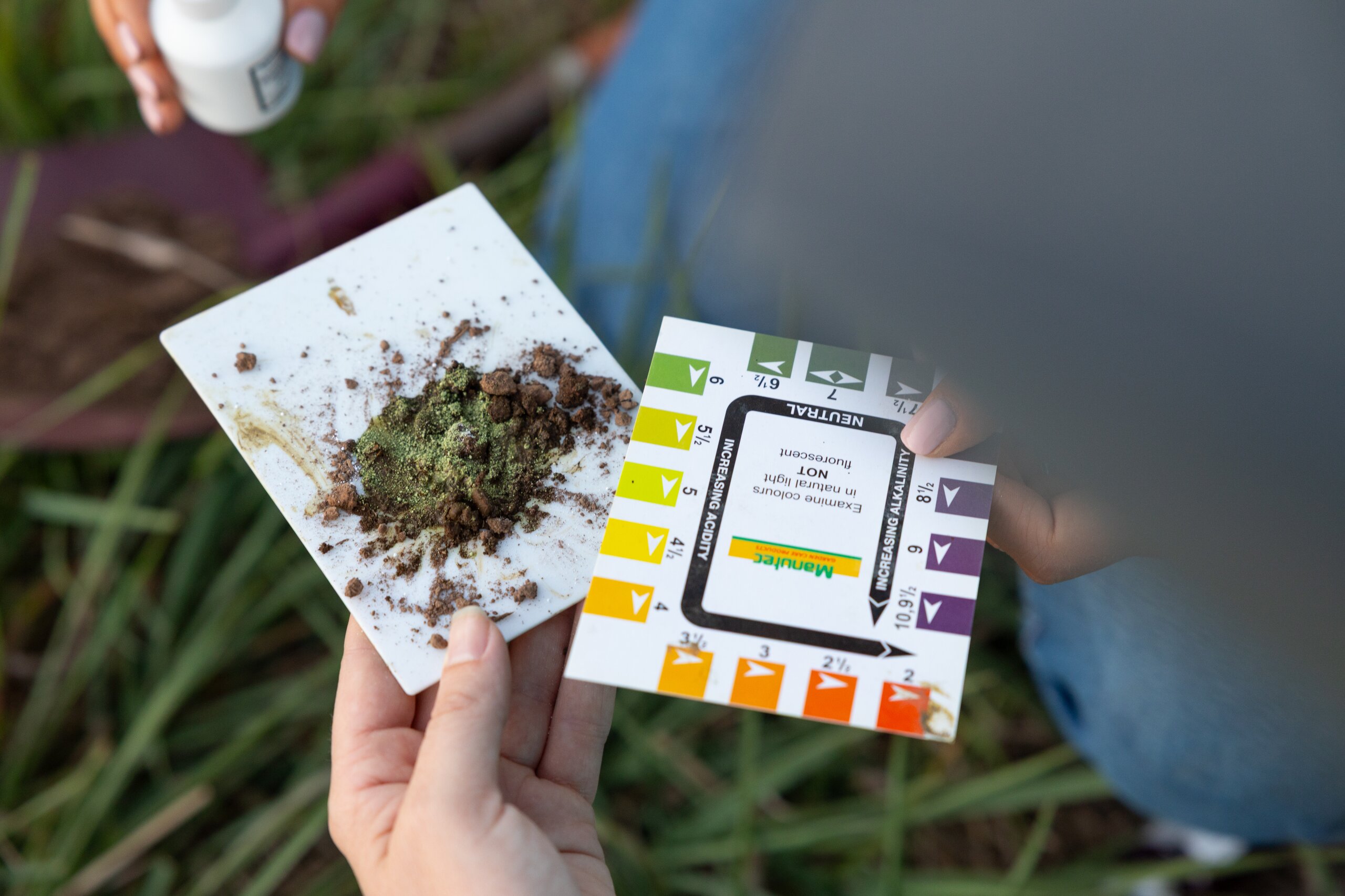 A close up of soil on a card being compared to a PH colour chart.