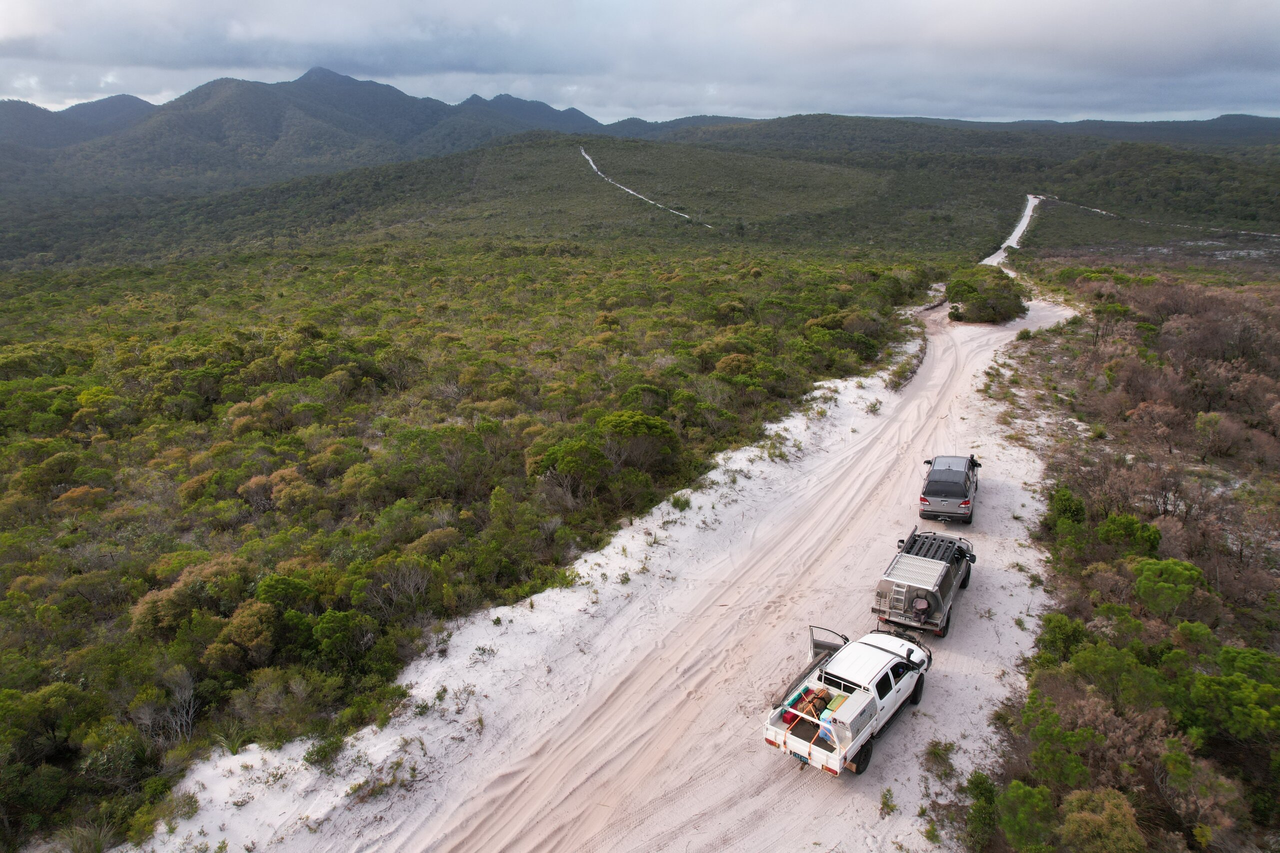 Areial shot of Four-wheel-drives on sandy track overlooking lush bush