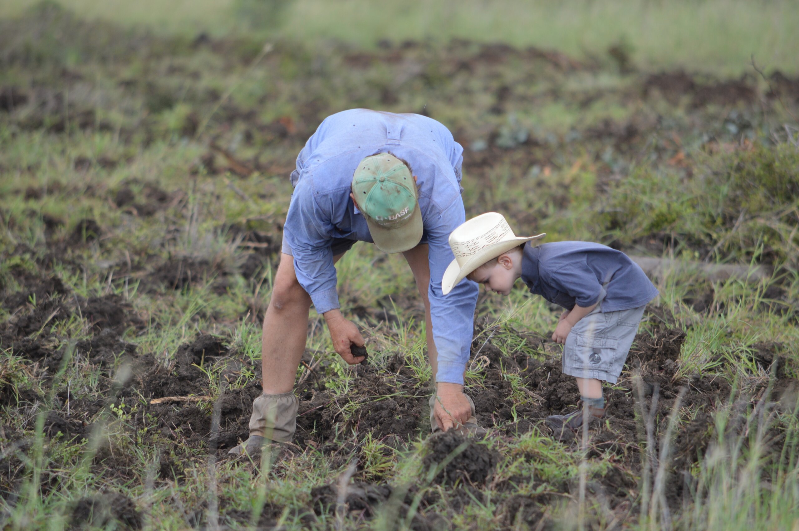 A man and a young child looking at soil in a paddock